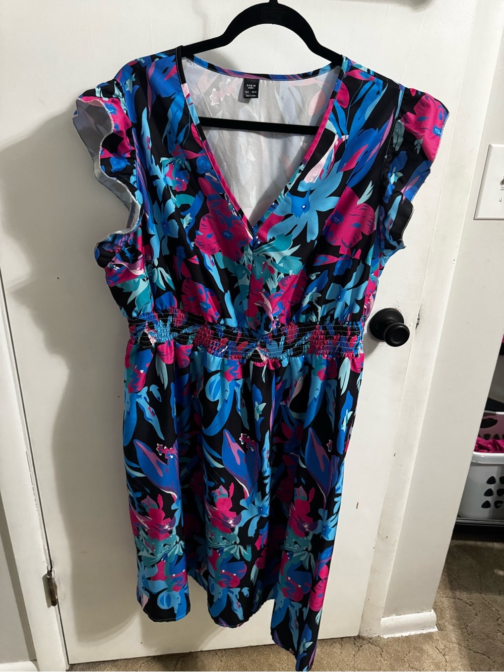 SHEIN Black Floral Midi Dress with Blue & Pink Print